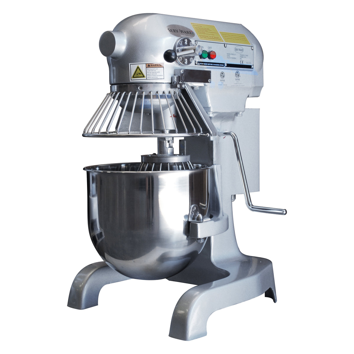 Serv-Ware PM10LA 10 quart planetary mixer with stainless bowl guard and bowl, front angle view