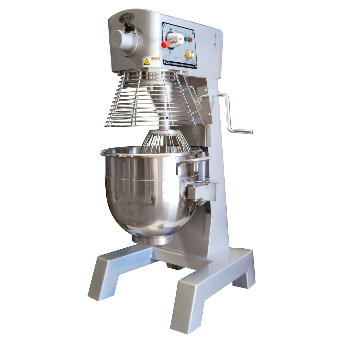 Serv-Ware PM30-PTO 30 quart planetary mixer with stainless bowl guard and bowl, front angle view