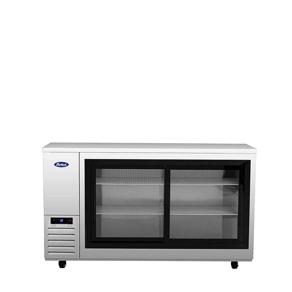 Atosa SBB69SGGRAUS1 69" stainless steel shallow back bar cooler with sliding glass doors, front view, doors closed