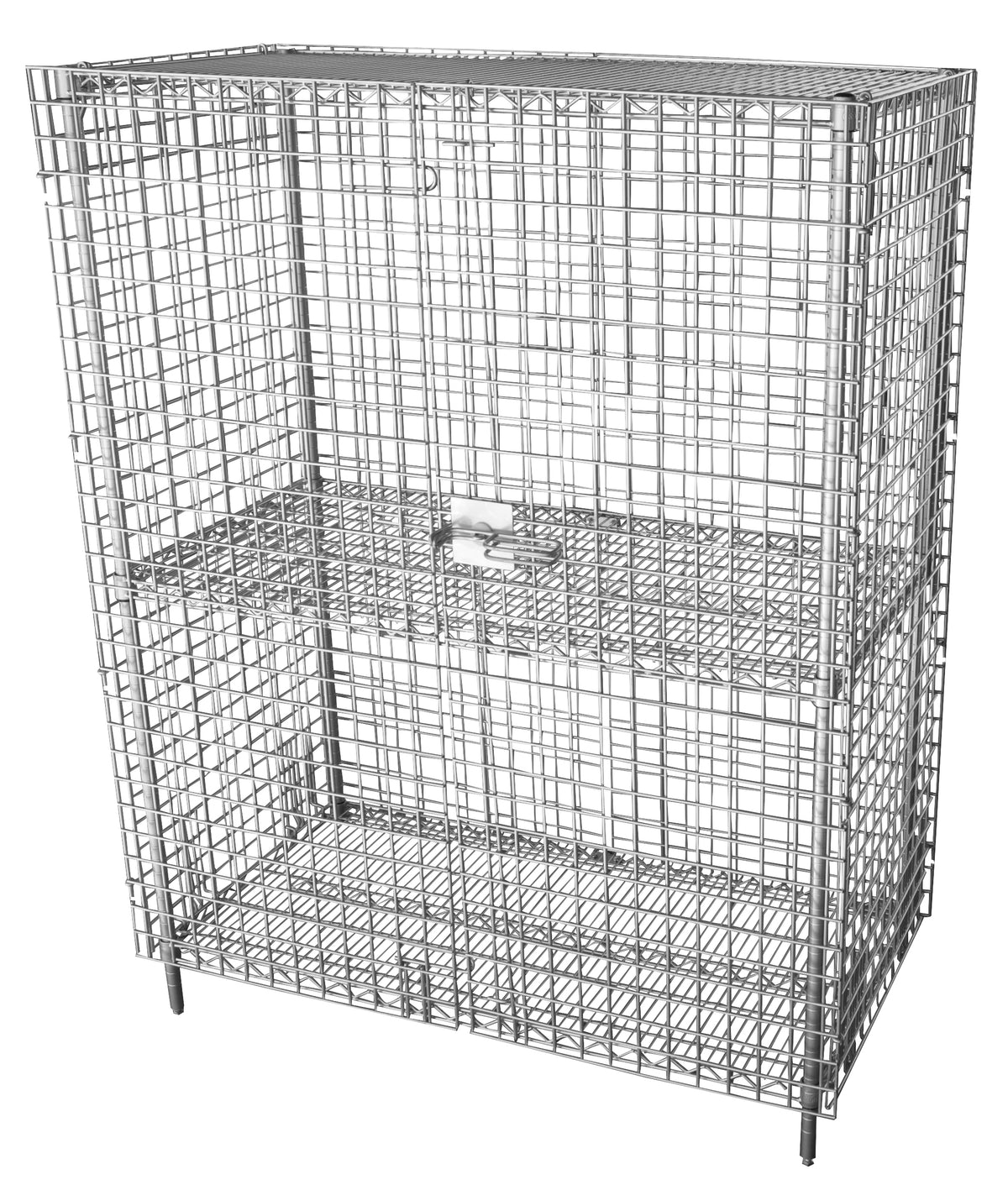 Serv-Ware chrome wire security shelving unit with 2 doors and 3 shelves, example photo