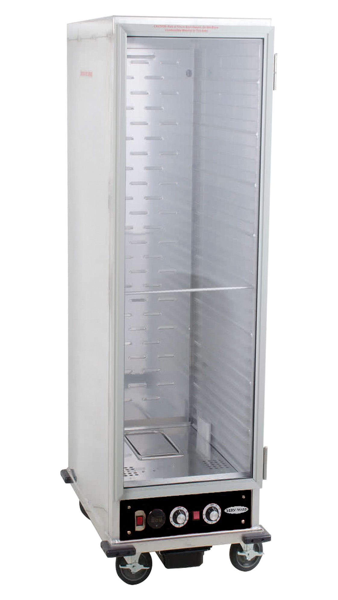 Serv-Ware full-size heater proofer cabinet with clear door and casters, front angle view