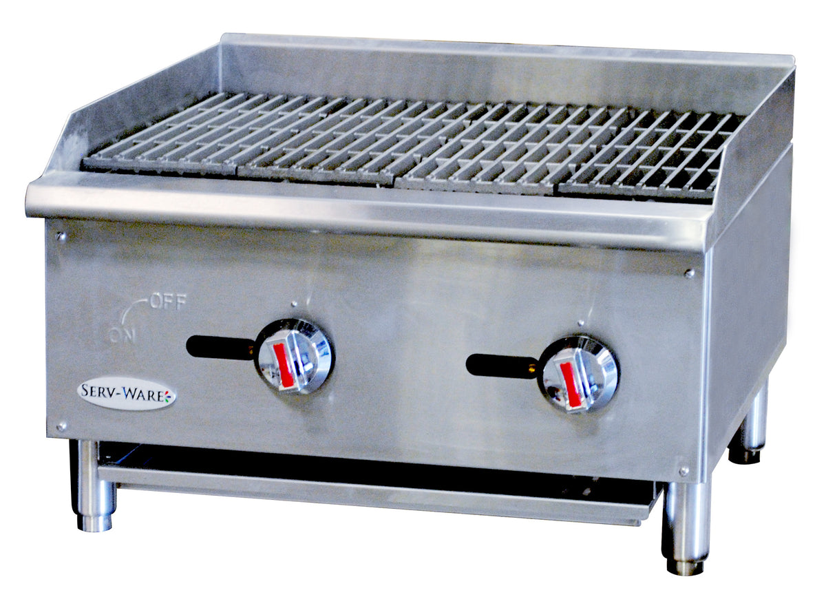 Serv-Ware SCBS-24 24 inch 2-burner countertop gas radiant charbroiler with cast iron grates, front angle view