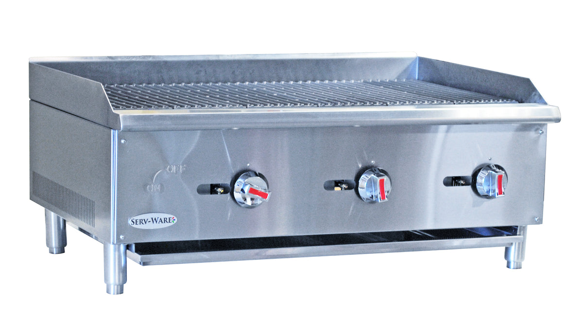 Serv-Ware SCBS-36-LP 36 inch 3-burner countertop gas radiant charbroiler with cast iron grates, front angle view