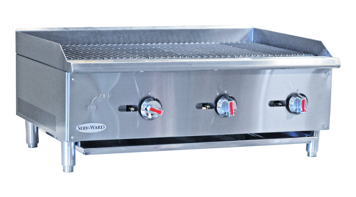 Serv-Ware SCBS-36 36 inch 3-burner countertop gas radiant charbroiler with cast iron grates, front angle view