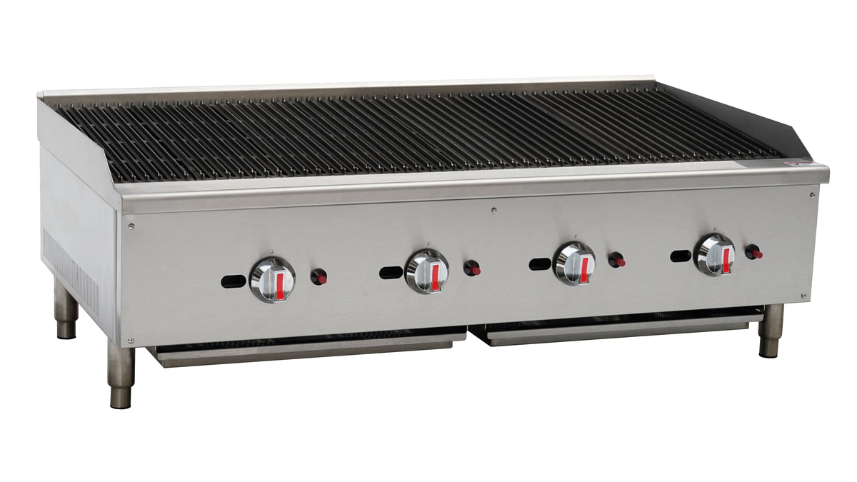 Serv-Ware SCBS-48 48 inch 4-burner countertop gas radiant charbroiler with cast iron grates, front angle view