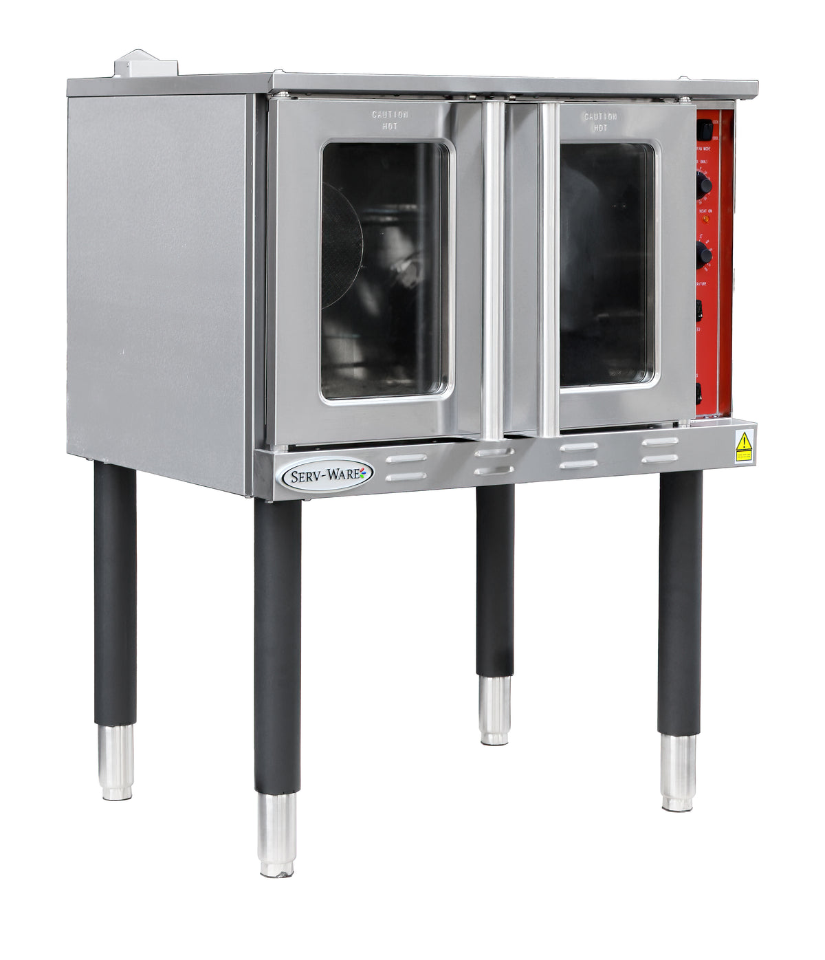 Serv-Ware SECO-2201-V full-size electric convection oven with two glass doors on legs, front angle view