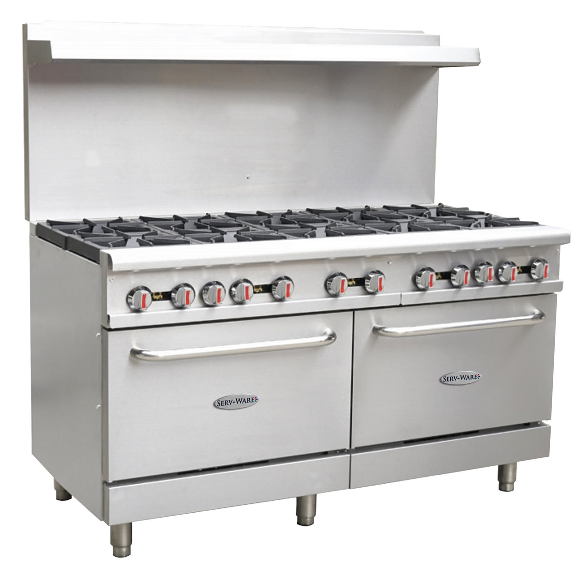 Serv-Ware SGR-10B 60 inch 10-burner gas range with 2 ovens and high shelf, front angle view