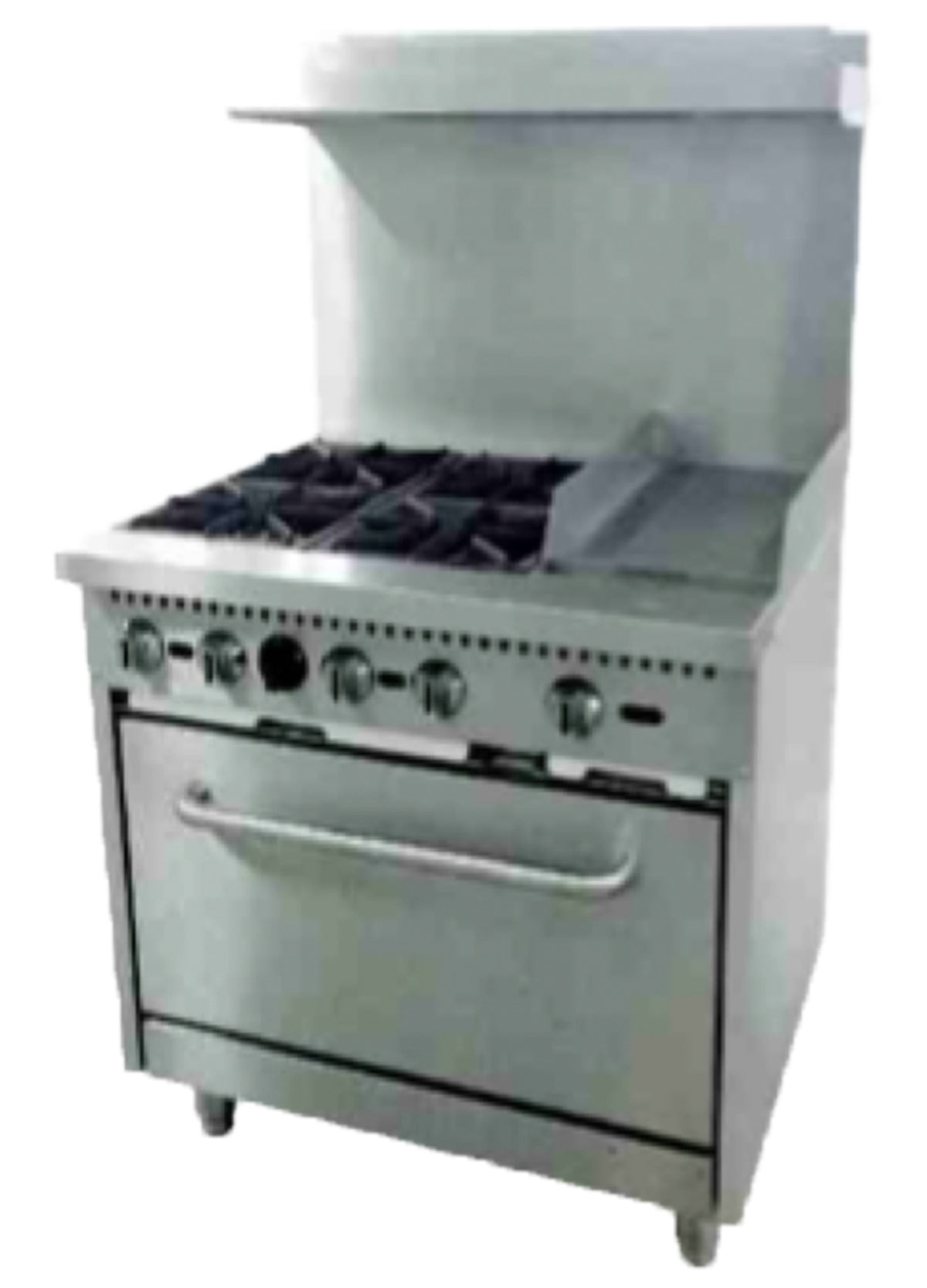 Serv-Ware SGR-4B-12G 36 inch gas range with 4 burners, 12" griddle and 1 oven, front angle view