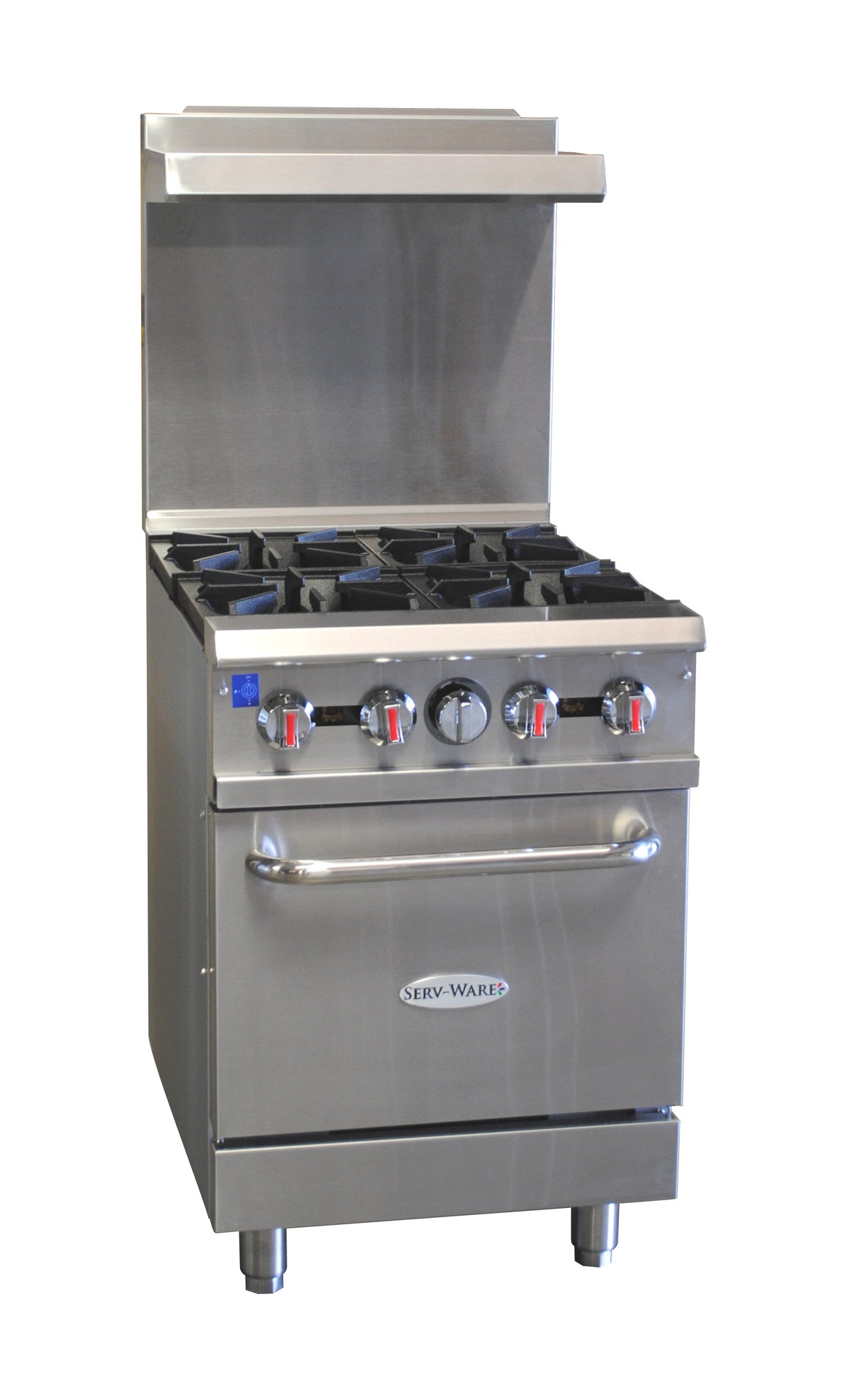 Serv-Ware SGR-4B-LP 24 inch 4-burner liquid propane range with oven and high shelf, front angle view