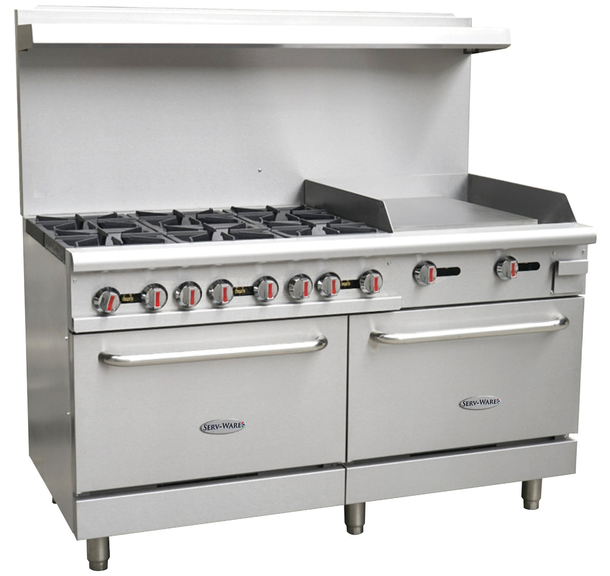 Serv-Ware SGR-6B-24G 60 inch gas range with 6 burners, 24" griddle and 2 ovens, front angle view