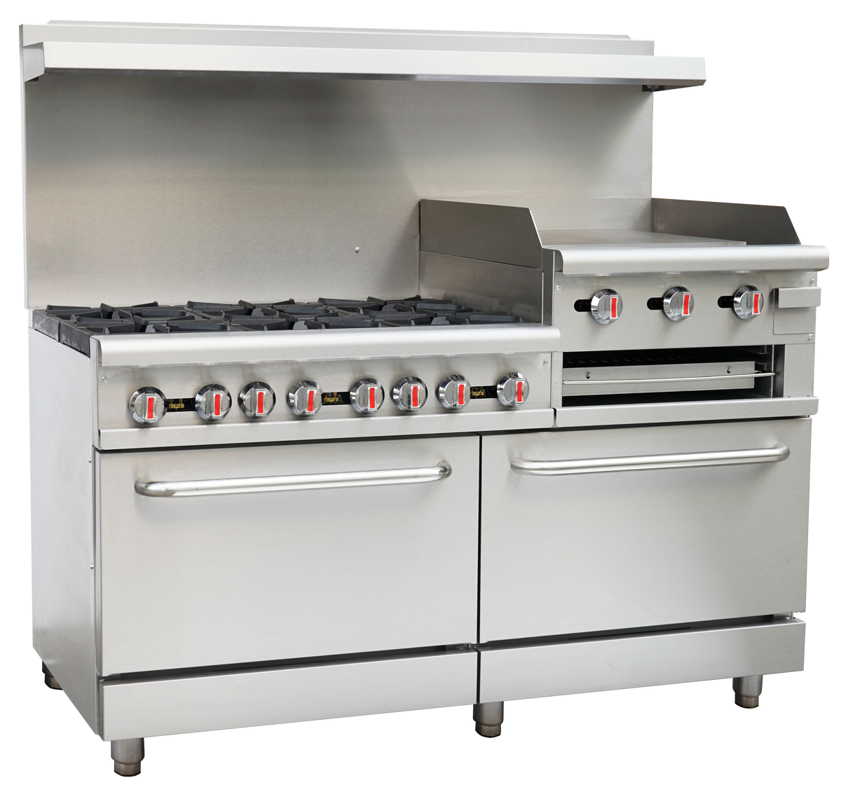 Serv-Ware SGR-6B-24RG 60 inch gas range with 6 burners, 24" raised griddle/broiler and 2 ovens, front angle view