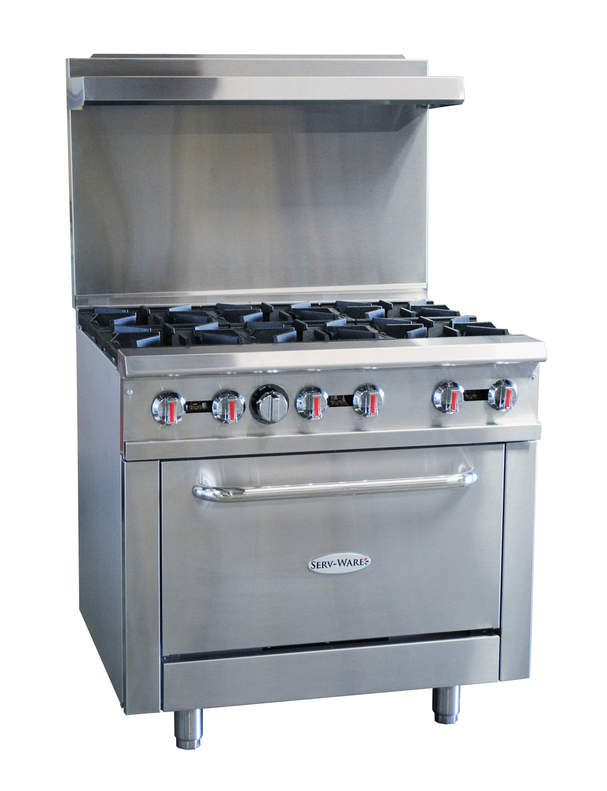 Serv-Ware SGR-6B-LP 36 inch 6-burner liquid propane range with oven and high shelf, front angle view