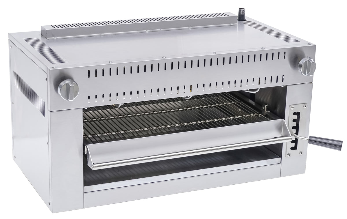 Serv-Ware SGSB-36 36 inch gas salamander broiler with roll-out grill and side height lever, front angle view