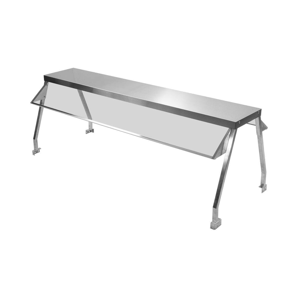 Serv-Ware double-sided sneeze guard with stainless top and tempered glass, angle view