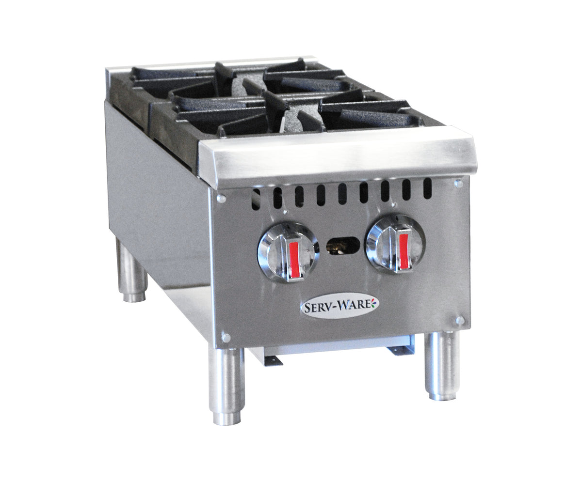 Serv-Ware SHPS-12 12 inch 2-burner countertop gas hot plate with cast iron grates, front angle view