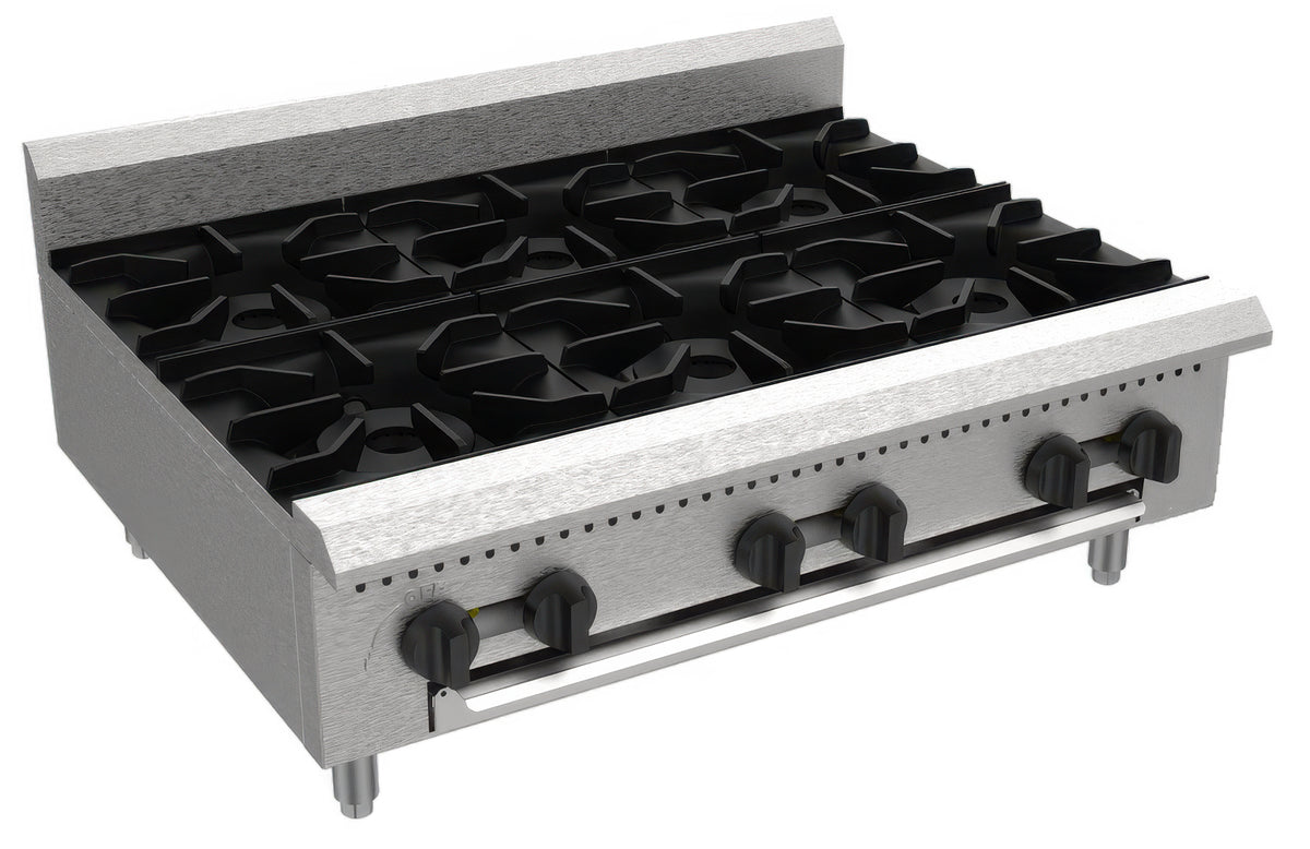Serv-Ware 36 inch 6-burner gas hot plate, earlier SHPS-36-LP-SA style with black knobs, front angle view