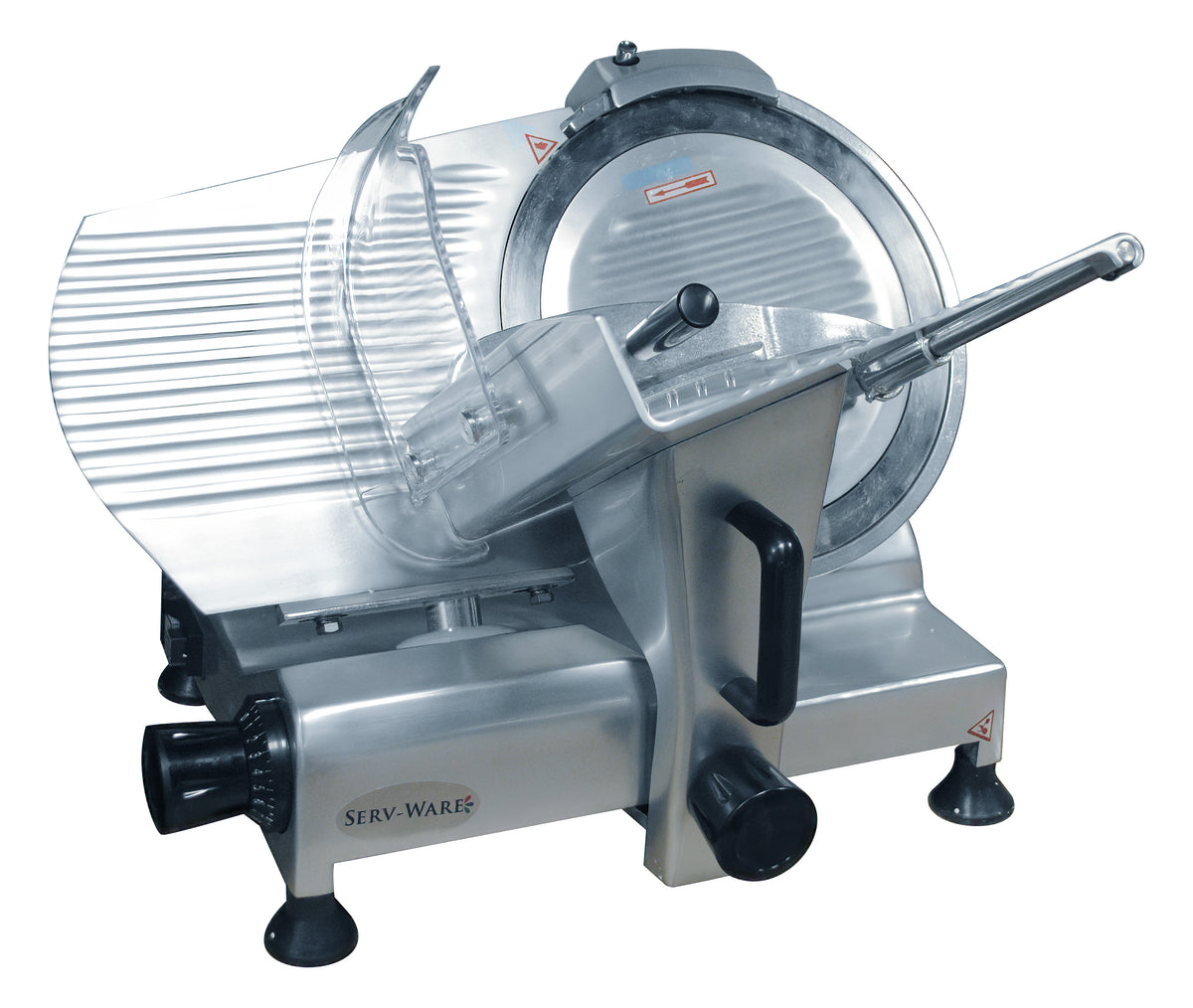 Serv-Ware SLC-12 12 inch meat and deli slicer with safety guard and carriage, front angle view
