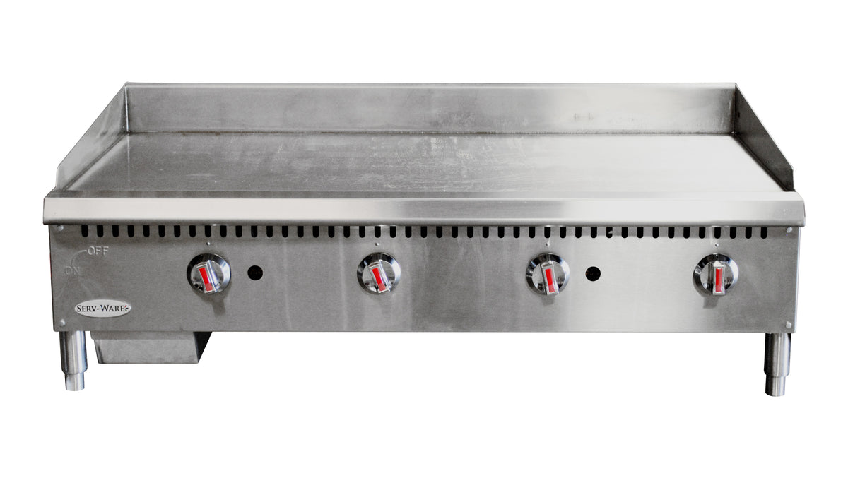Serv-Ware SMGS-48 48 inch manual gas griddle, front angle view