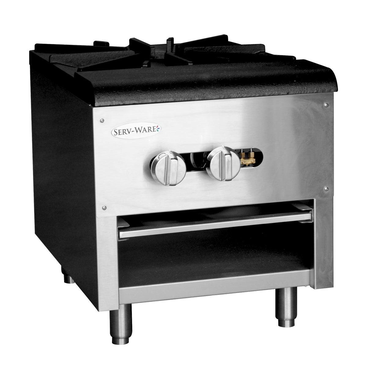 Serv-Ware SSSP-1 single gas stock pot stove with cast iron grate, front angle view