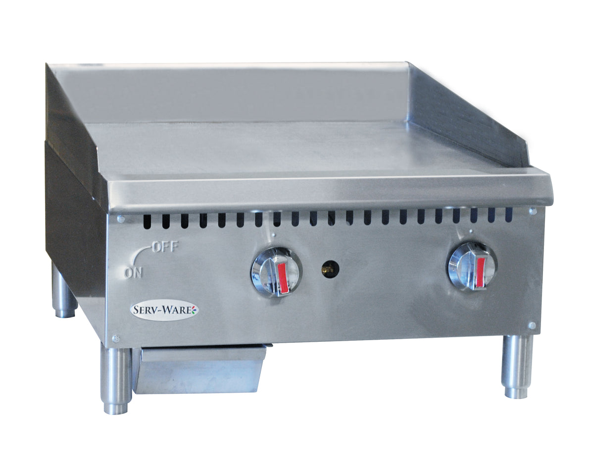Serv-Ware STGS-24 24 inch thermostatic gas griddle, front angle view