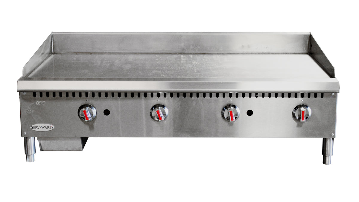 Serv-Ware STGS-48 48 inch thermostatic gas griddle, front angle view
