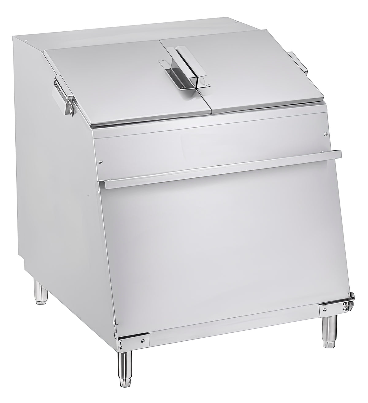 Serv-Ware SWCW-26 26 gallon stainless chip warmer with top doors and sloped front, angle view