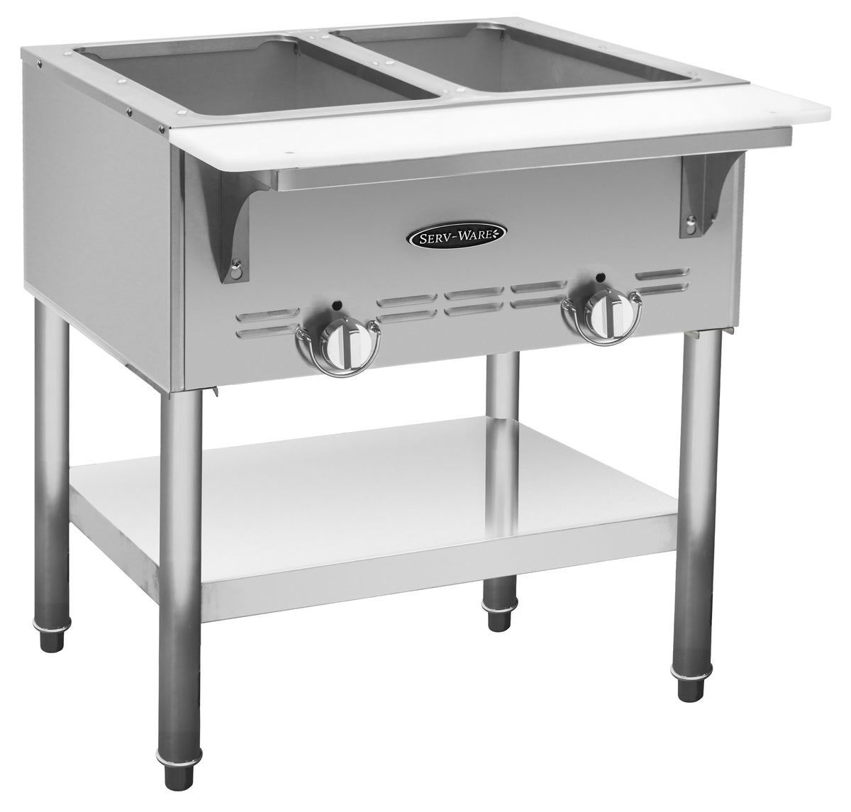 Serv-Ware SWGST-2 2-well gas steam table with cutting board and undershelf, front angle view