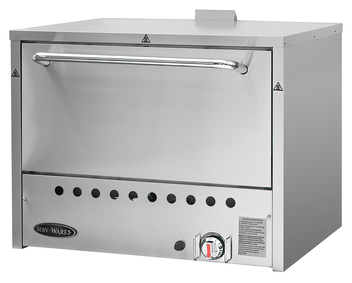 Serv-Ware SWPO-31-LP 36 inch gas deck pizza oven with stainless door and thermostat, front angle view