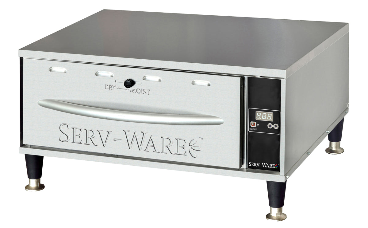 Serv-Ware SWPWDS-1 1-drawer stainless steel warming drawer with digital control and dry/moist vent, front angle view