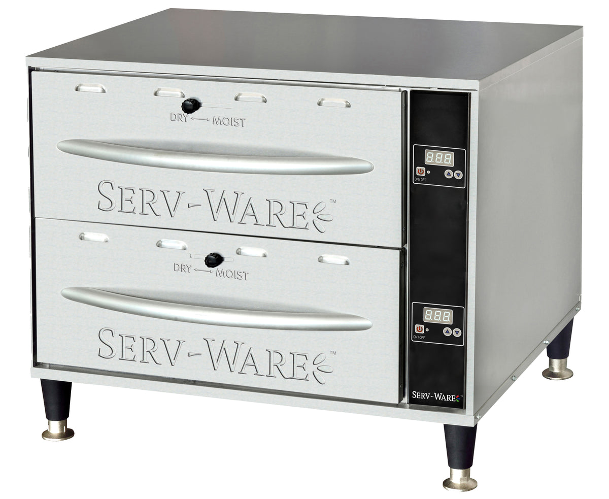 Serv-Ware SWPWDS-2 2-drawer stainless steel warming drawer with digital control and dry/moist vent, front angle view
