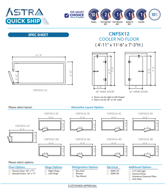 Astra 5 x 12 Walk-In Cooler No Floor CNF5X12