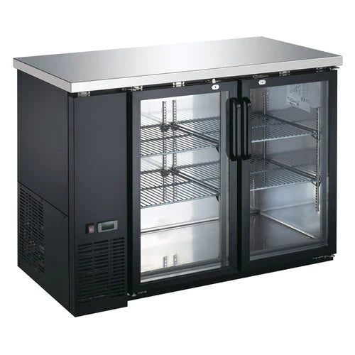 Coldline CBB-48G black swing glass door back bar cooler, angled front view