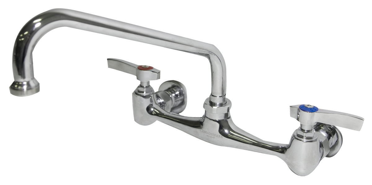 Serv-Ware wall mount faucet with swing spout and lever handles, 8 inch centers (representative photo; WF08-CWP has a 8 inch spout)