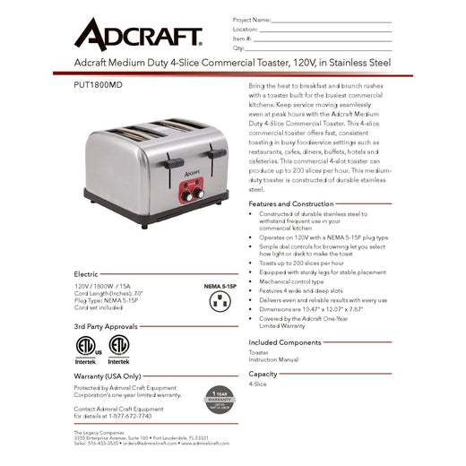 PUT1800MD Spec Sheet