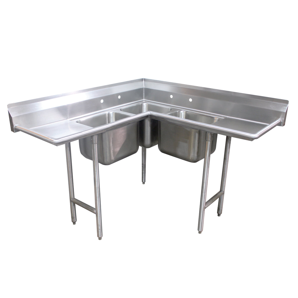 Advance Tabco 94-K3-11D 54" 3 Compartment Corner Sink, (2) 16"Wx14"L and (1) 14"Wx14"L Bowl-S.Steel