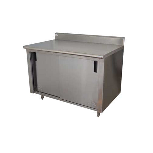 Advance Tabco ECK-SS-247M 84" Cabinet Base Sliding Door Work Table with Mid-Shelf / Backsplash