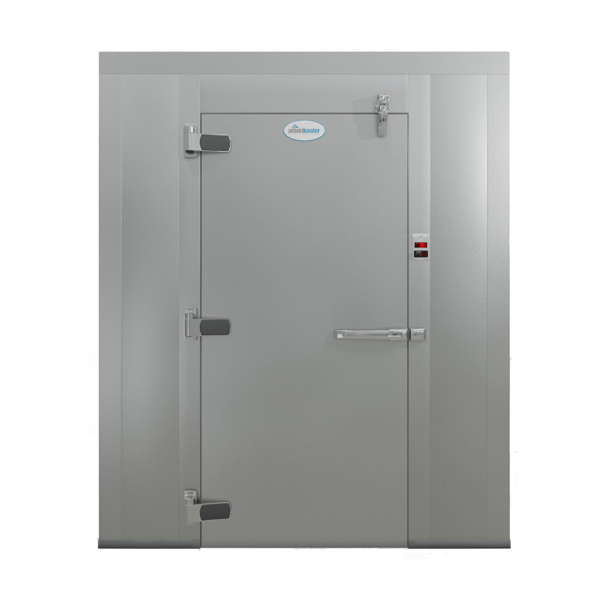 Amerikooler QC061077N 6' x 10' walk-in cooler door, straight-on view of the flush door, hinges, latch and thermometer