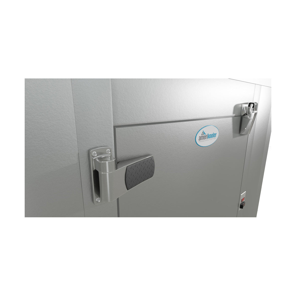 Amerikooler QC080877N 8' x 8' walk-in cooler door hinge close-up with the Amerikooler logo