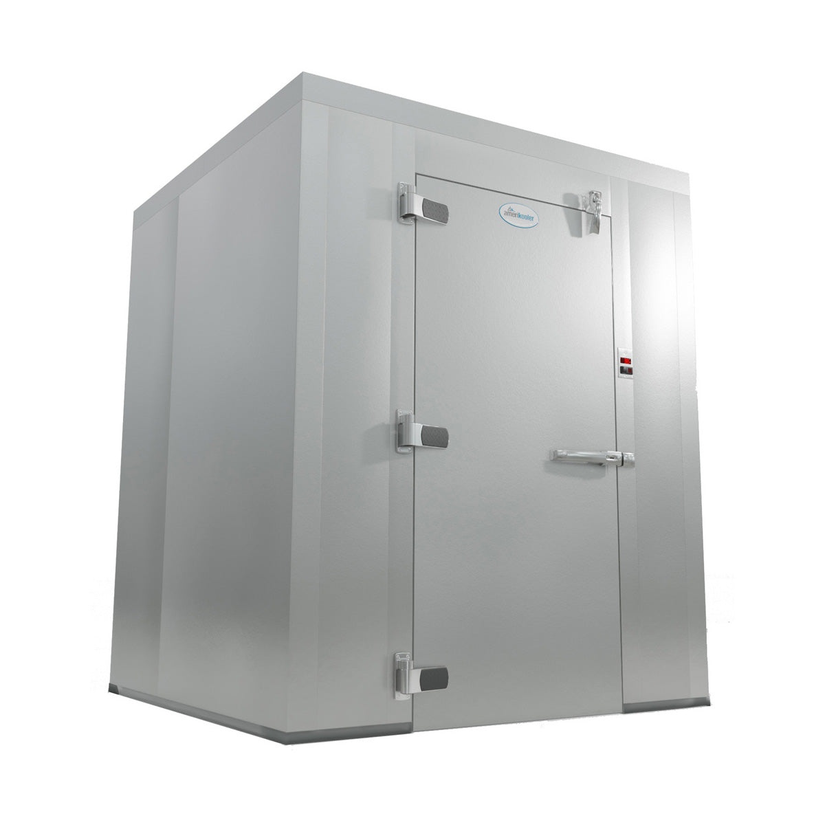 Amerikooler QC080882N 8' x 8' walk-in cooler, side angle view of the panel box and door