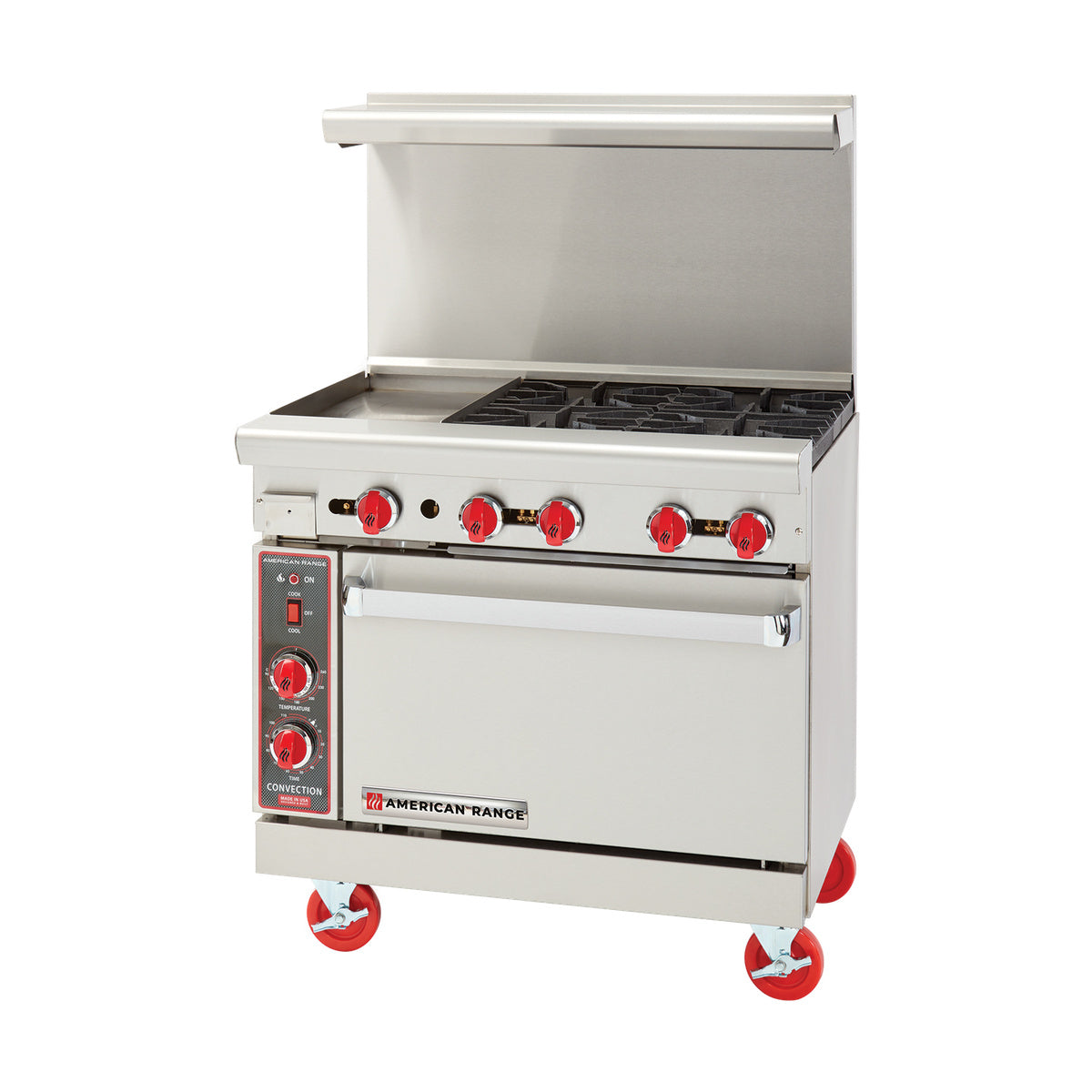 American Range AR-12G-4B-C 36" Gas Restaurant Range w/ (4) Open Burners, 12" Griddle, (1) Convection Oven, 178.000 BTU
