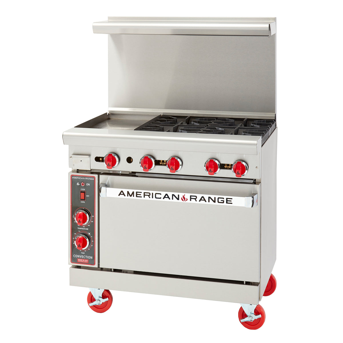 American Range ARGF-24G-2B-C 36" Gas Restaurant Range w/ (1) 24" Griddle, (2) Open Burners, (1) Convection Oven, 120.000 BTU