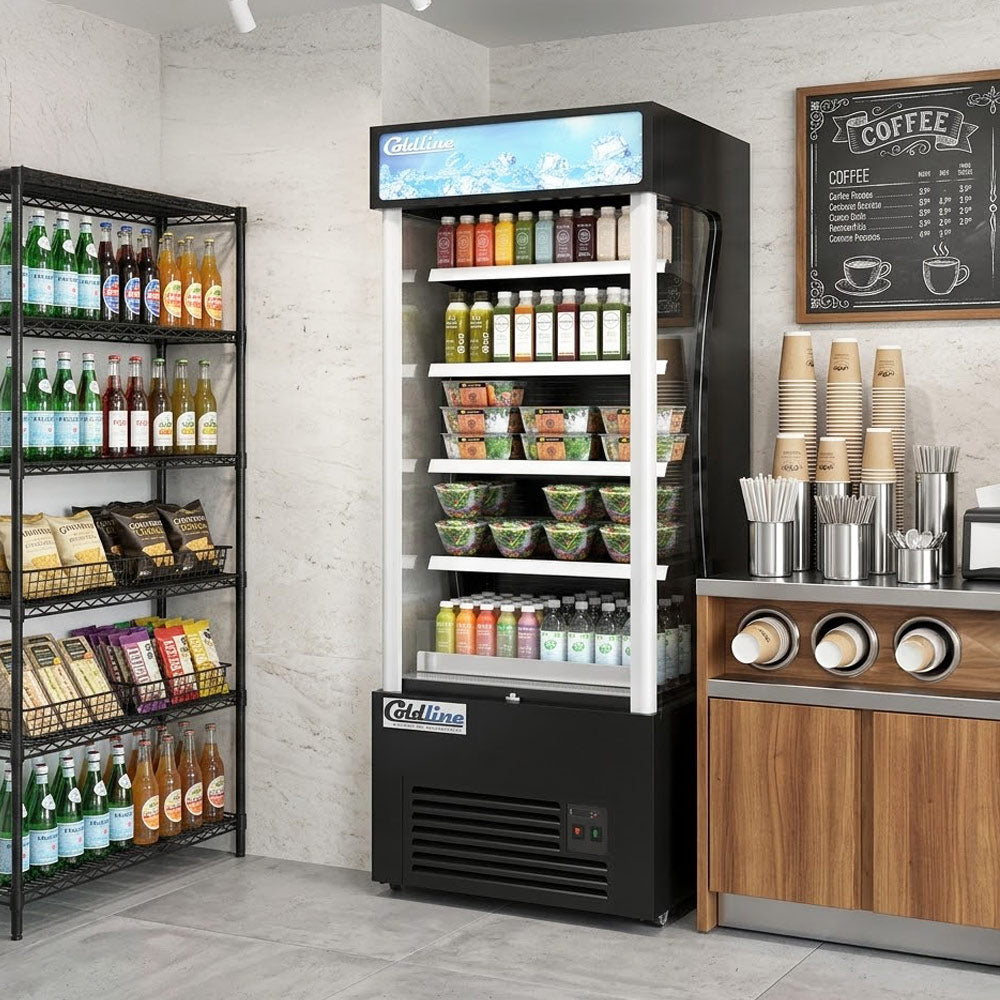 Coldline AOC-28-B black open air merchandiser, in a coffee shop (representative image)