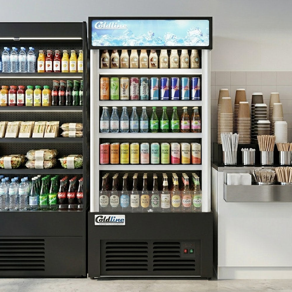 Coldline AOC-36-B black open air merchandiser, stocked with drinks in a store (representative image)