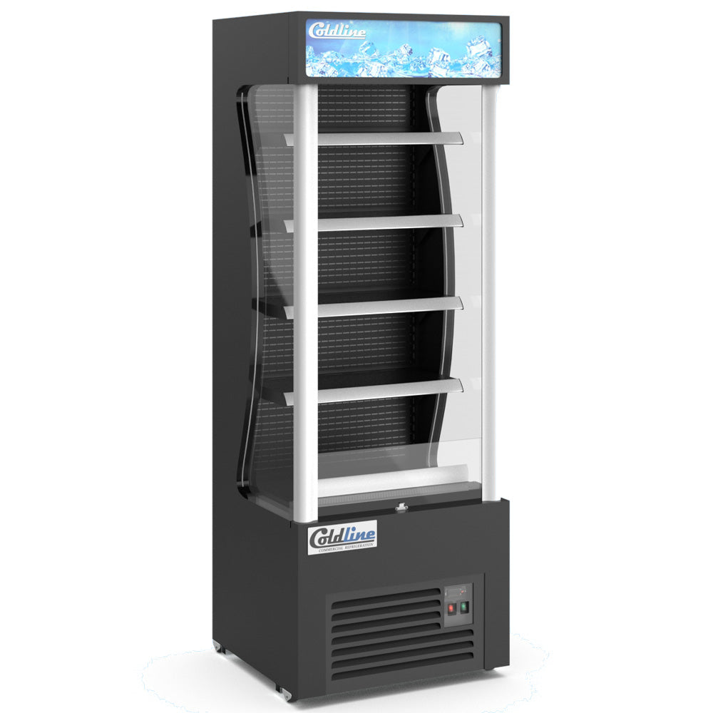 Coldline AOC-28-B black open air merchandiser, angled front view, empty, showing 4 shelves