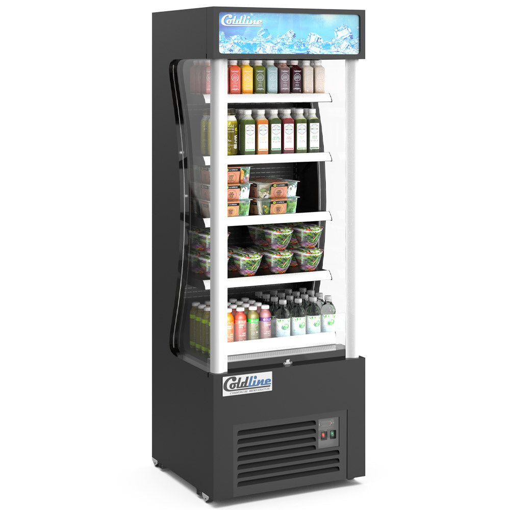 Coldline AOC-28-B black open air merchandiser, angled front view, stocked with drinks and salads