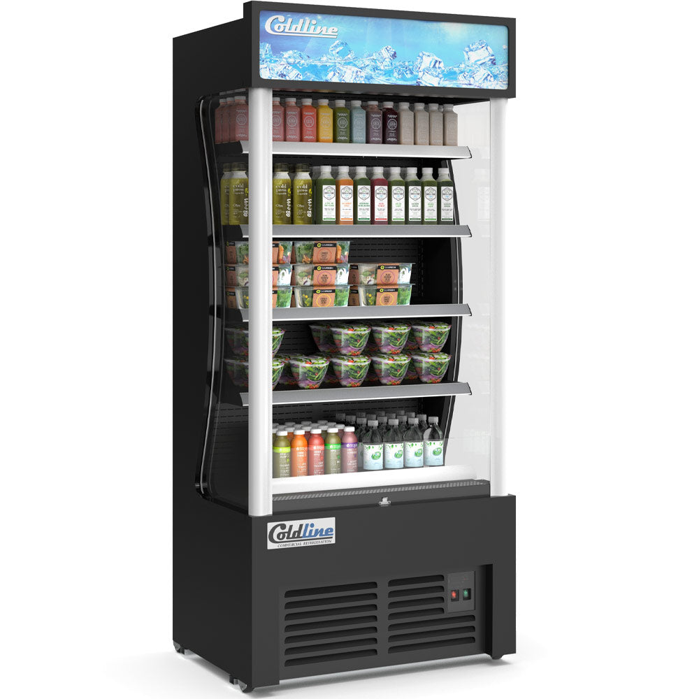 Coldline AOC-36-B black open air merchandiser, angled front view, stocked with drinks and salads