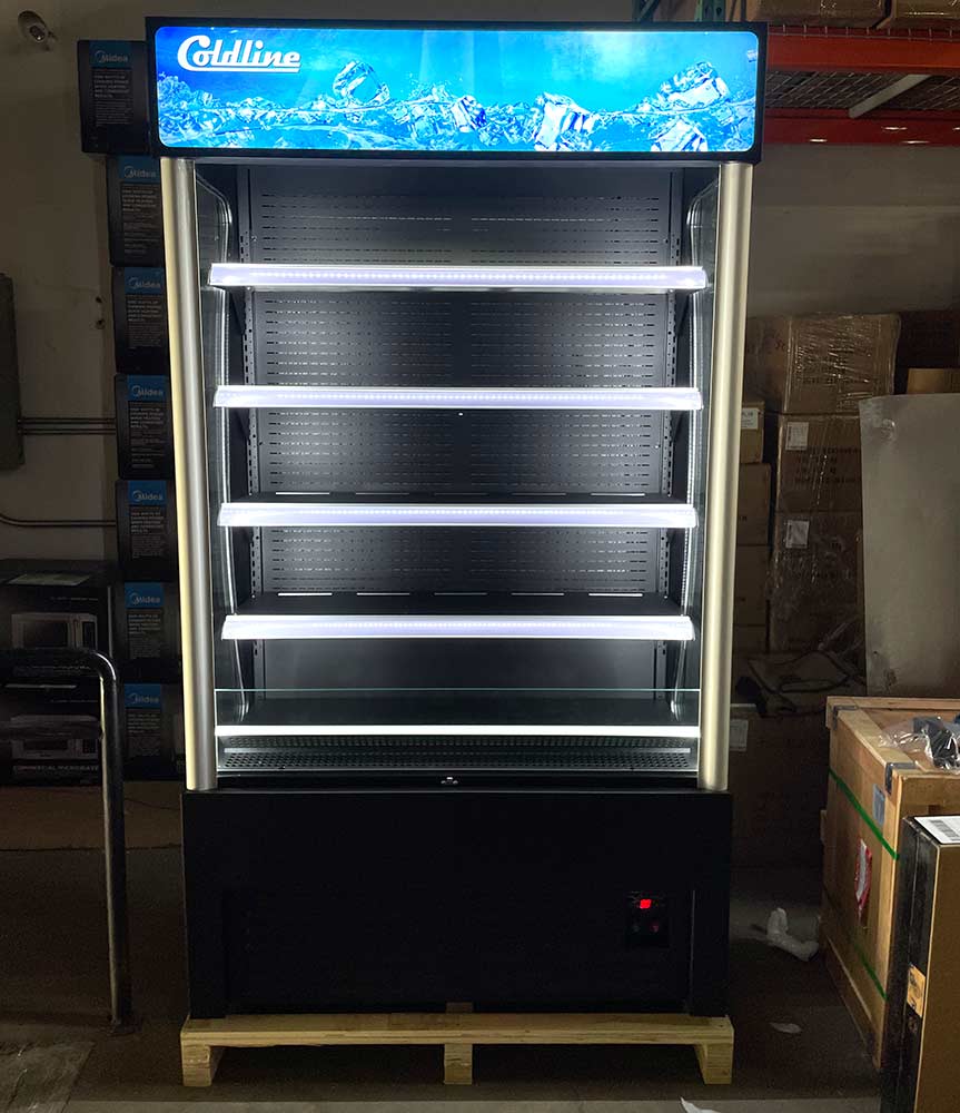 Coldline AOC-36-B black open air merchandiser, lights on, empty, on its shipping pallet