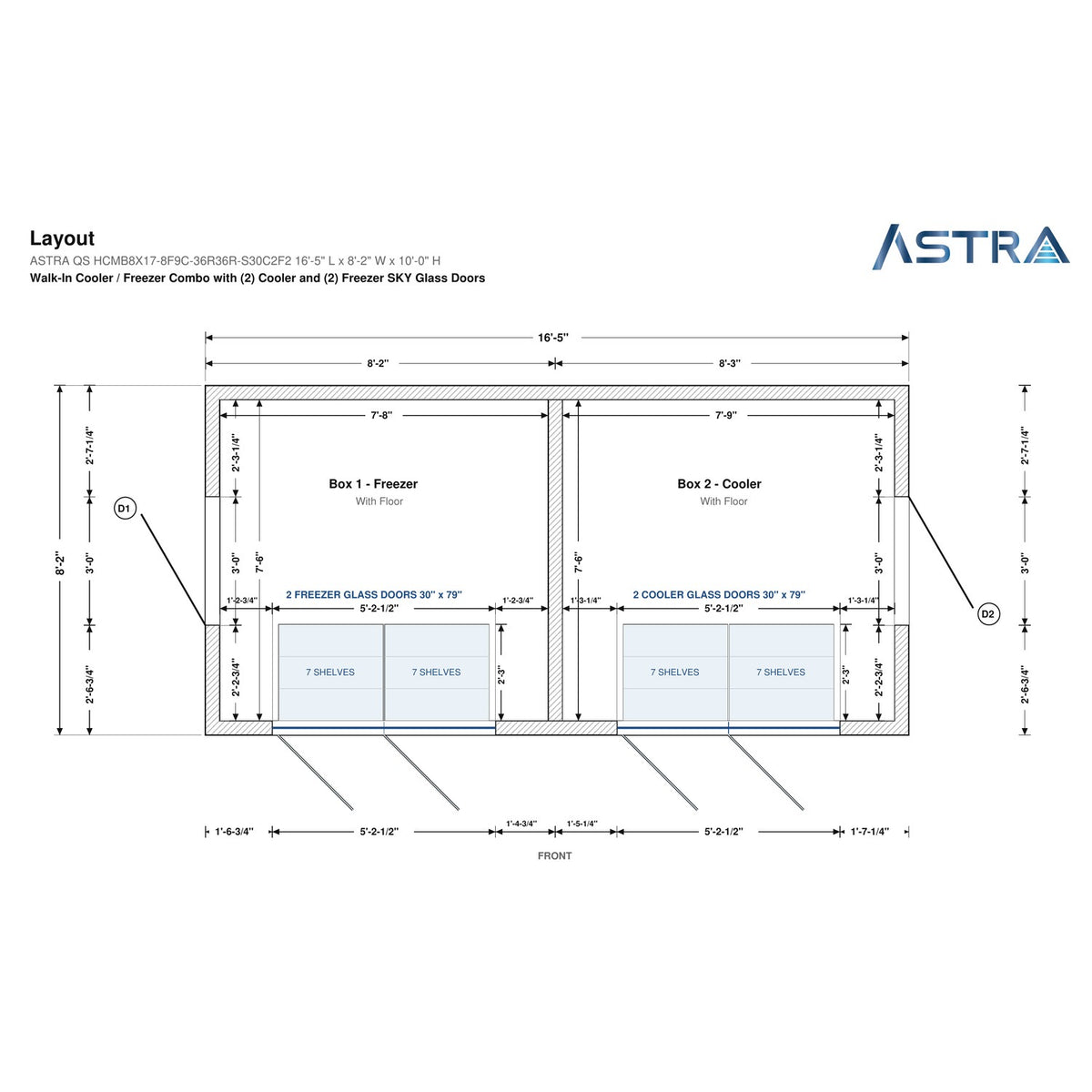 Astra HCMB8X17-8F9C-S30C2F2 8' x 17' Walk-In Freezer/Cooler Combo with Floor, 2 Freezer + 2 Cooler Glass Doors, floor plan layout drawing with glass door shelving