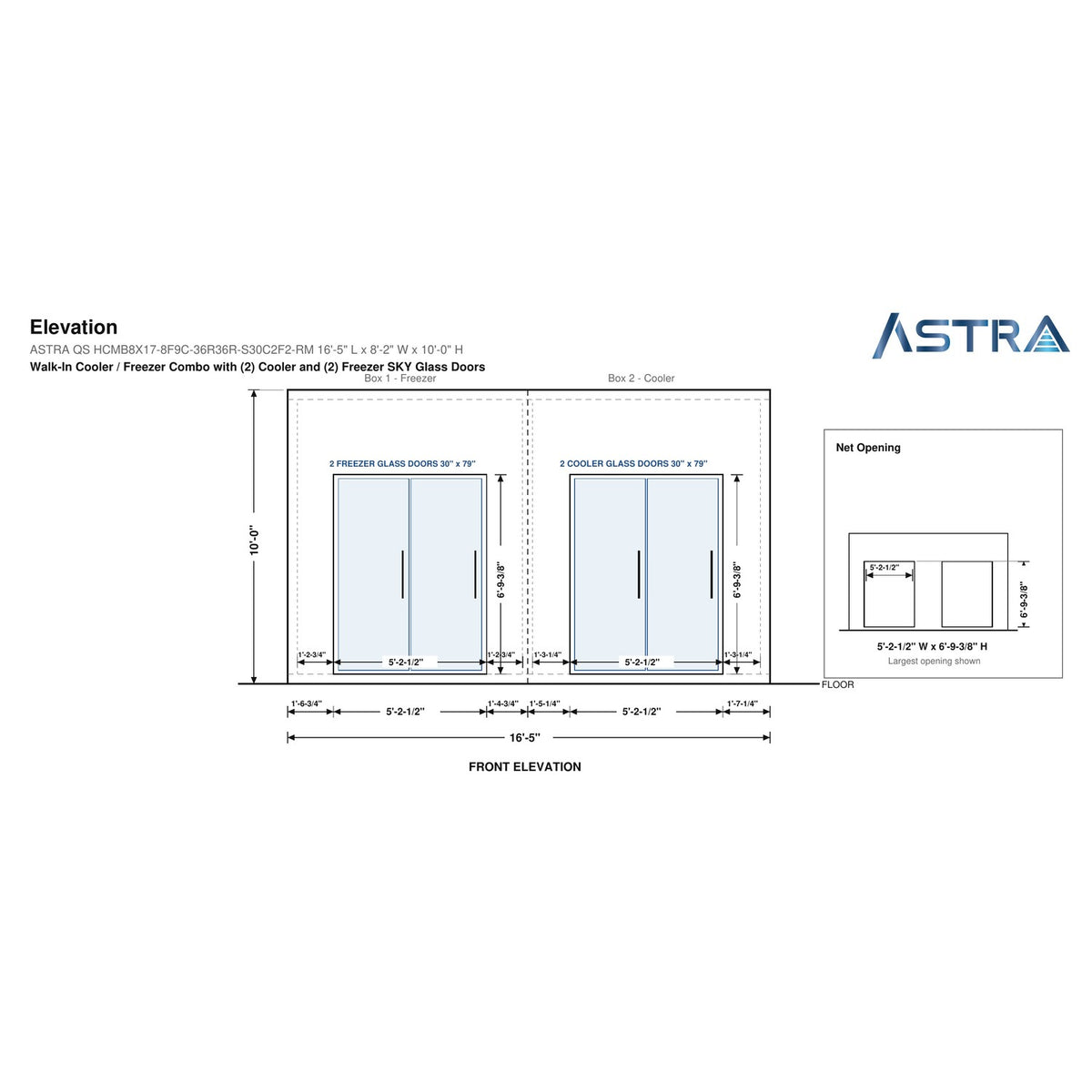 Astra HCMB8X17-8F9C-S30C2F2-RM 8' x 17' Walk-In Freezer/Cooler Combo with Floor, 2 Freezer + 2 Cooler Glass Doors, front elevation drawing with glass door net opening