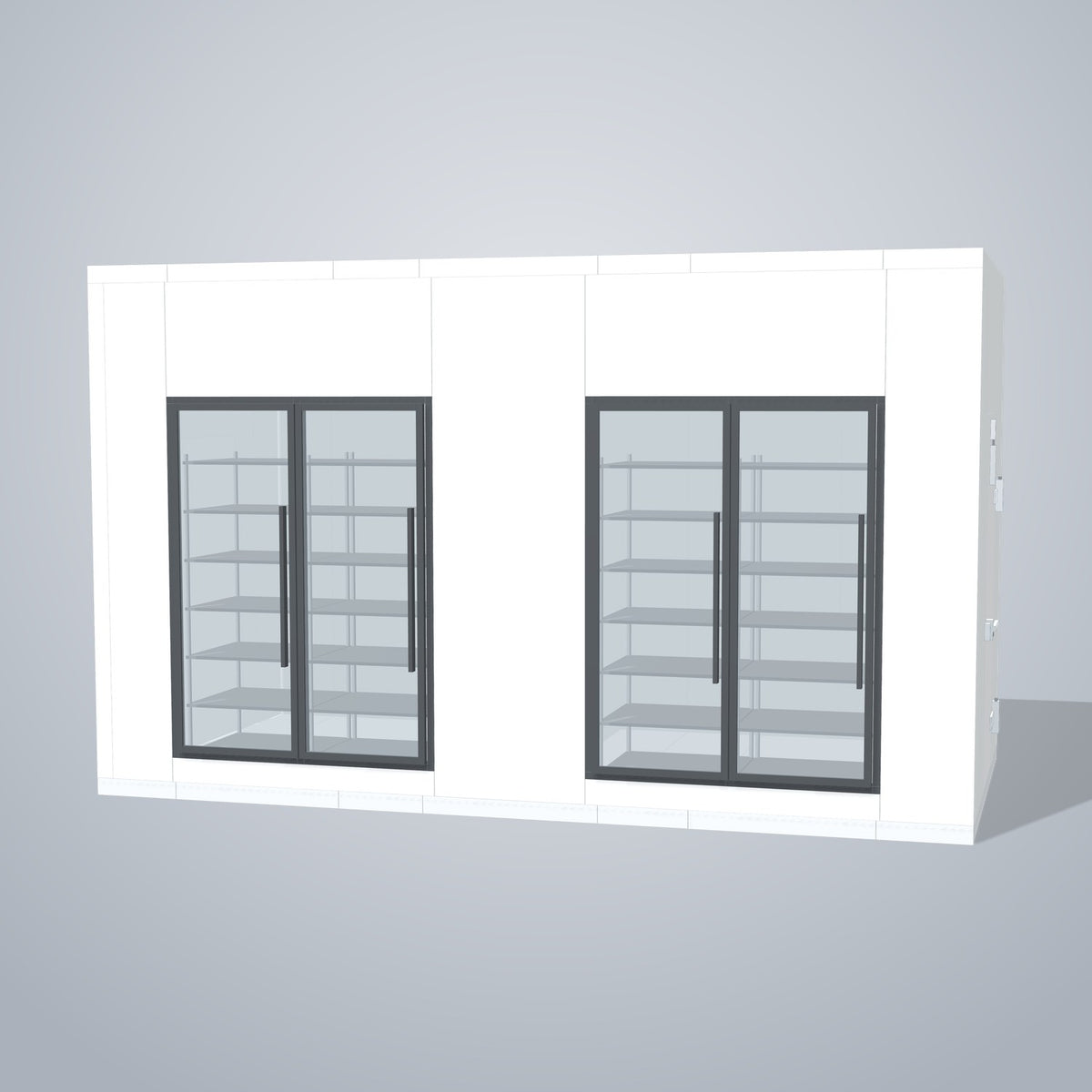 Astra HCMB8X17-8F9C-S30C2F2-RM 8' x 17' Walk-In Freezer/Cooler Combo with Floor, 2 Freezer + 2 Cooler Glass Doors, front 3D view of the glass door wall